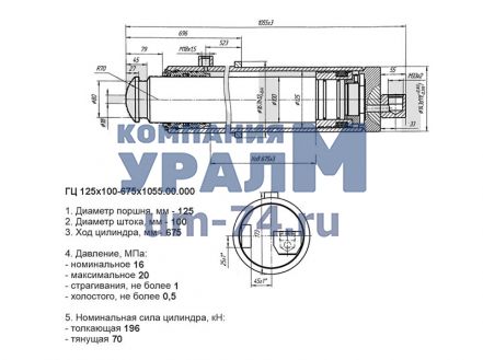 Гидроцилиндр опоры Ц-125.067.00.000 (125x100x675) - Фото 1